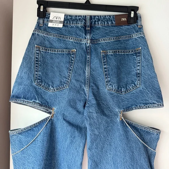 💙 NWT ZARA CUT OUT RHINESTONE CHAIN MOD RISE STRAIGHT JEANS - Picture 6 of 10